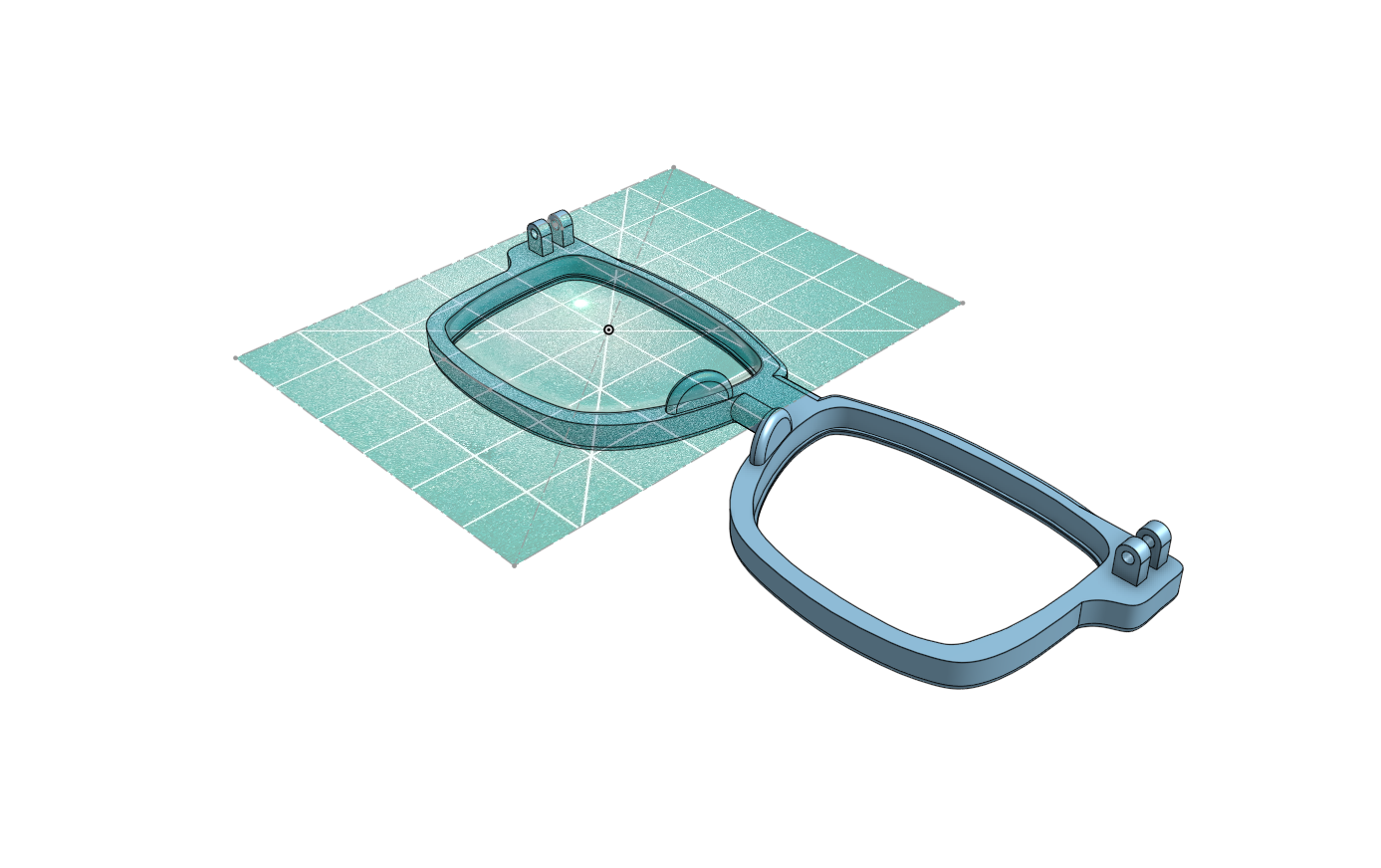 CAD render of frame with lens photo overlay for fit check