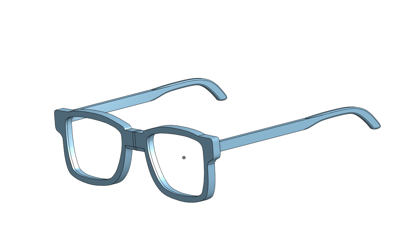CAD render of glasses frames, perspective view with temples