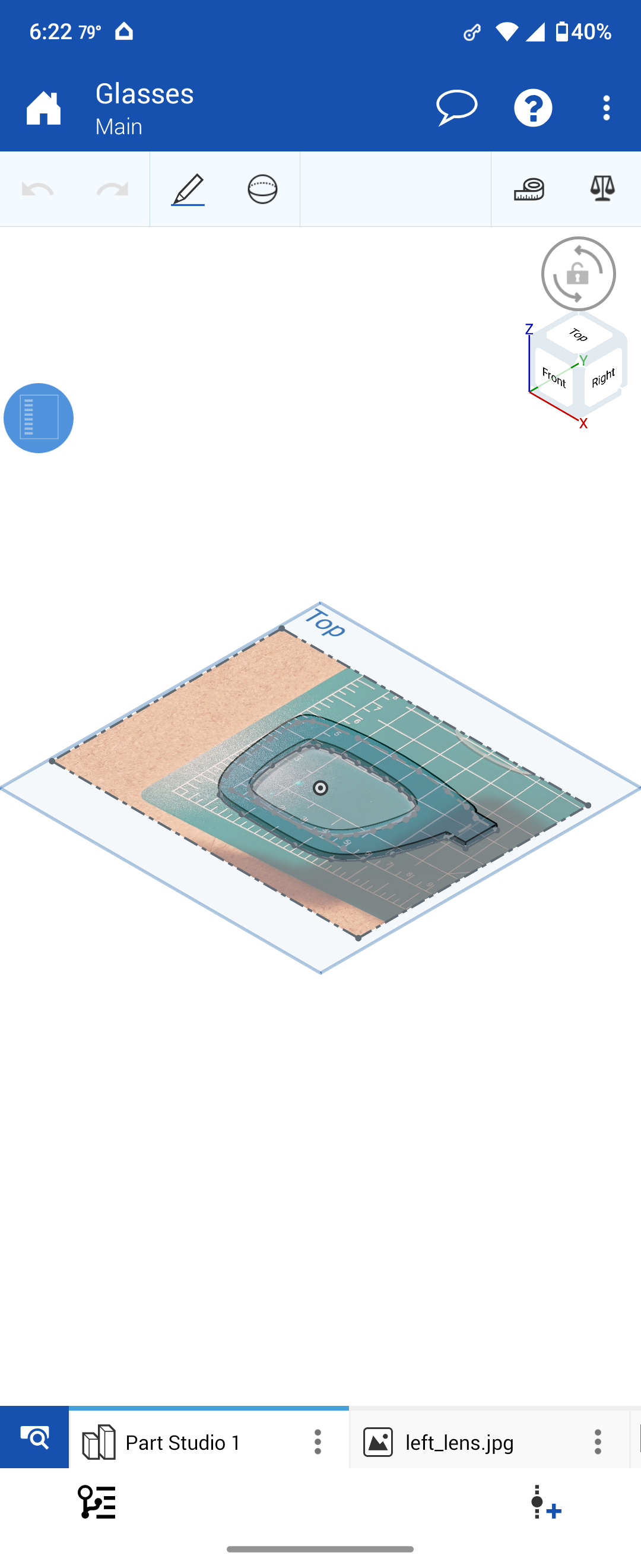 Onshape screenshot showing lens outline traced over imported photo