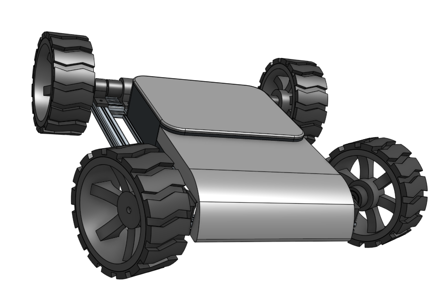 CAD render showing a four-wheeled rover with aluminum frame, large knobby tires, and a rectangular electronics enclosure mounted on top