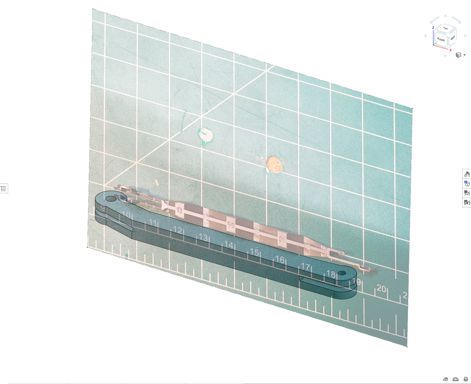 CAD model of grabber linkage overlaid on photo, top view