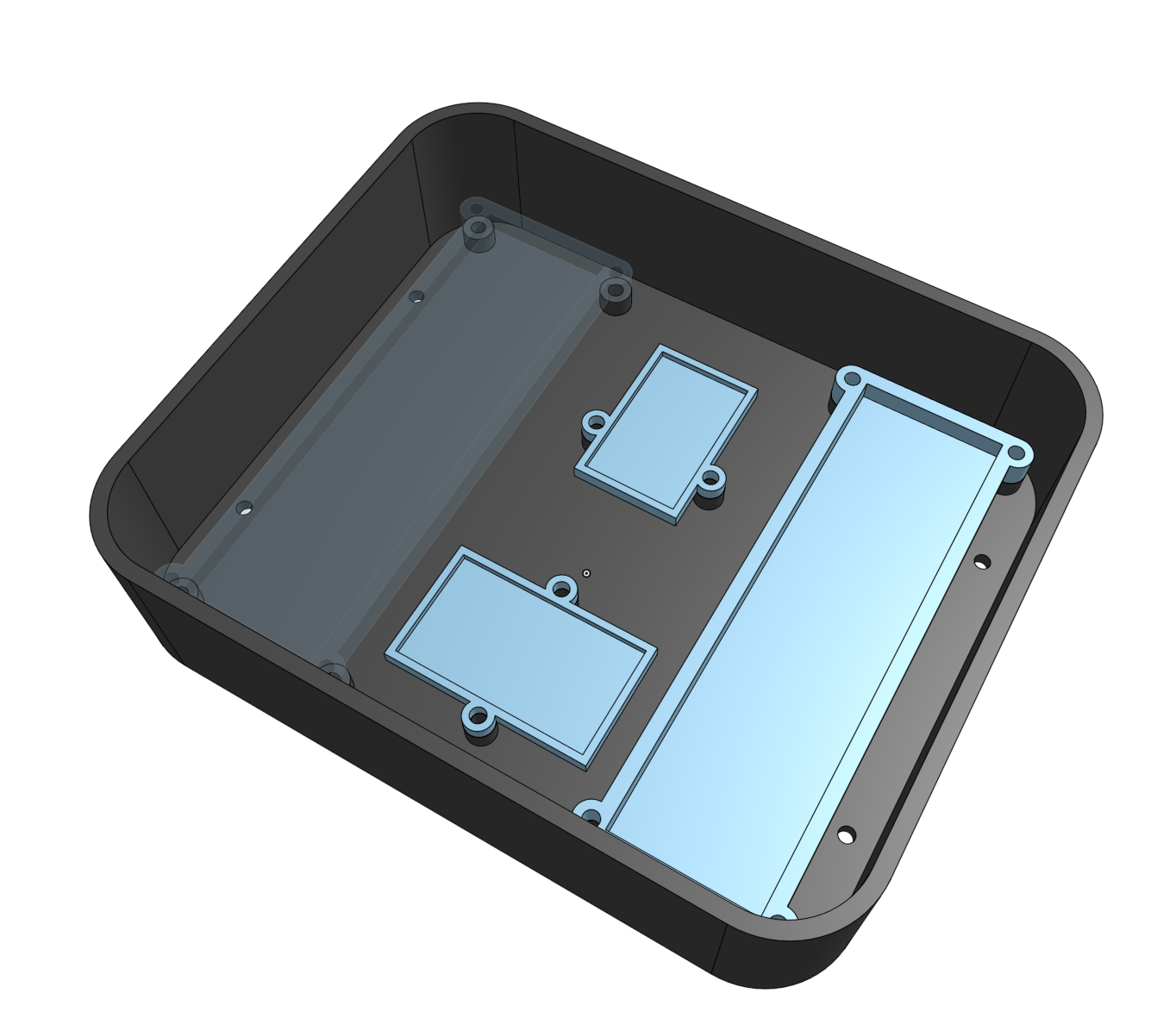 CAD render of electronics enclosure with component caddies sitting on their mounting holes