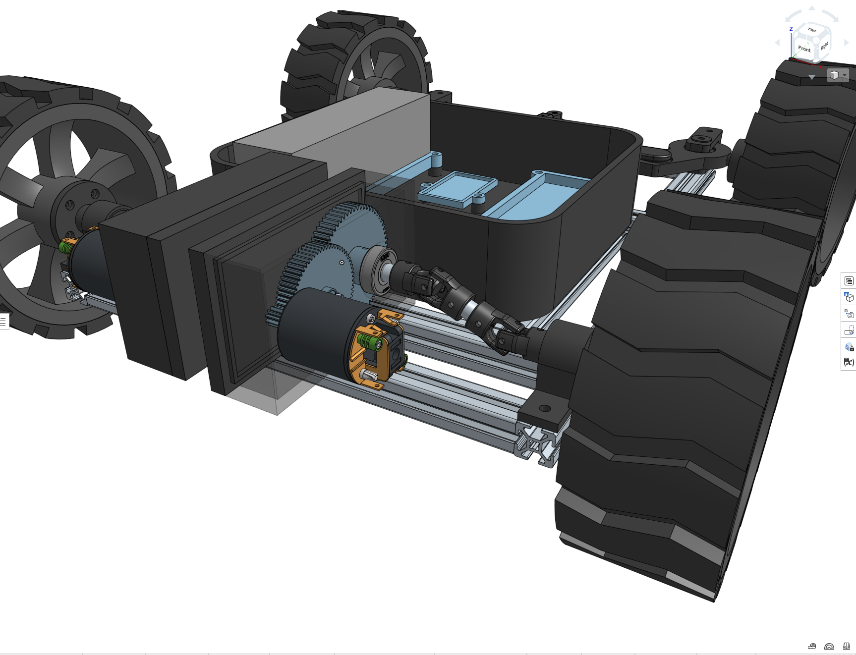 Isometric CAD view of full rover showing redesigned gearbox and electronics enclosure behind it