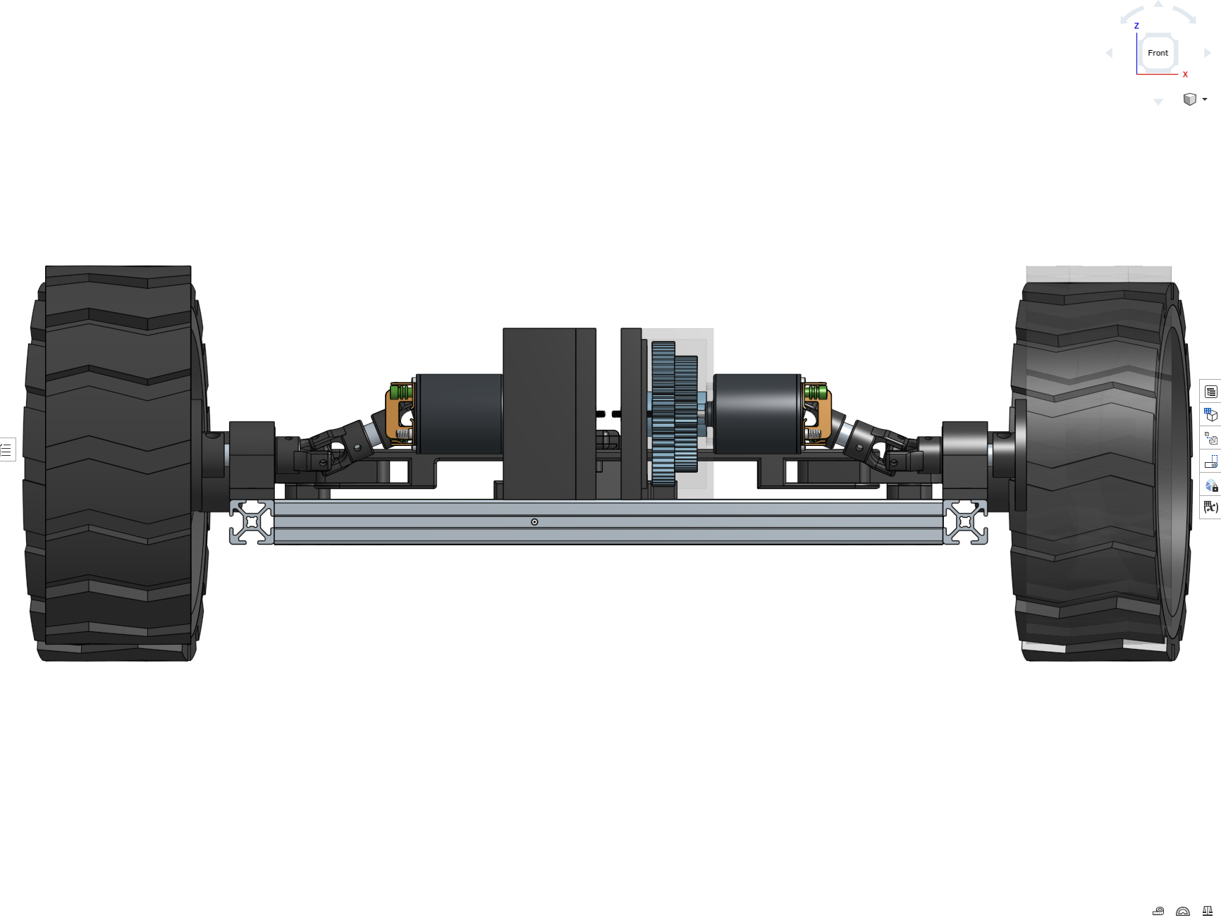 Front CAD view of rear axle with redesigned gearboxes and wheels
