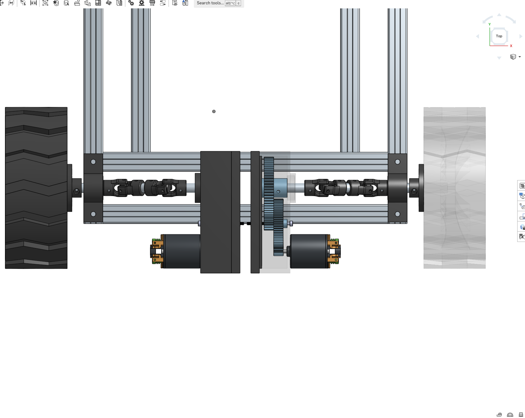 Top-down CAD view of rear axle showing both redesigned gearboxes with motors pointing outward