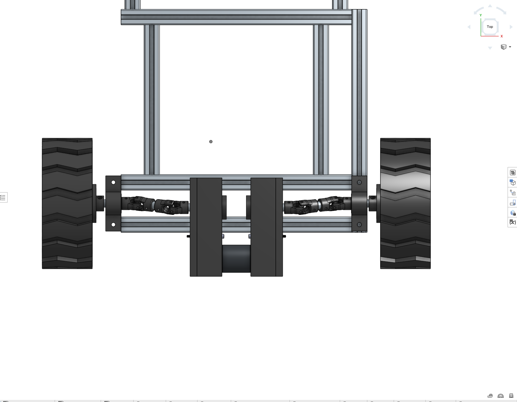 Top-down CAD view of rear axle showing two gearboxes with motors overlapping in the center