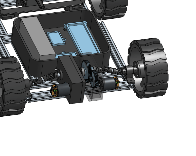 CAD animation of gearboxes, CV joints, and wheels spinning