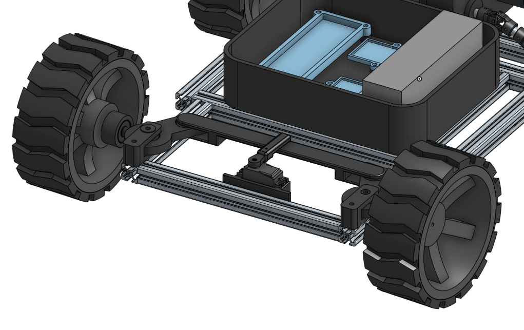 CAD animation of Ackerman steering showing front wheels turning through full range of motion